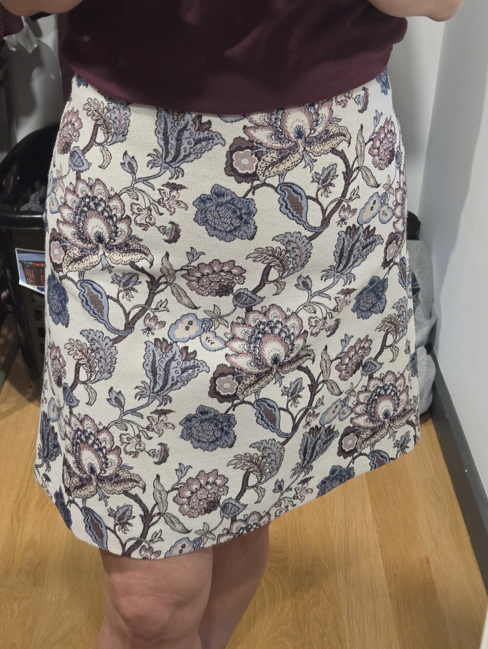 Floral Jacquard A-Line Skirt - Cream with Blue & Pink Floral